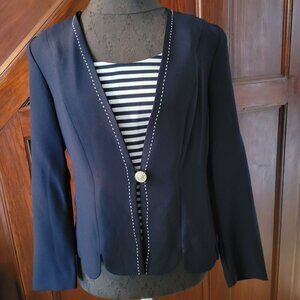 Leslie Fay Navy Blazer With Striped Inset & Scalloped Hem Size 8
